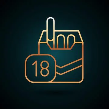 Gold line Cigarettes pack box icon isolated on dark blue background. Age limit Stock Illustration