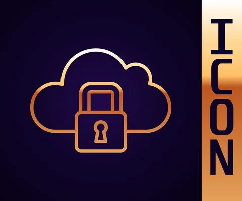 Gold line Cloud computing lock icon isolated on black background. Security Illustrazione stock