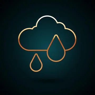 Gold line Cloud with rain icon isolated on dark blue background. Rain cloud Stock Illustration