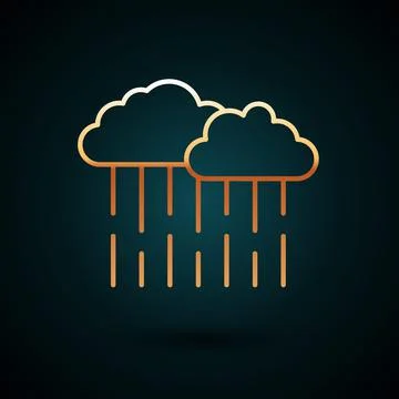 Gold line Cloud with rain icon isolated on dark blue background. Rain cloud Stock Illustration