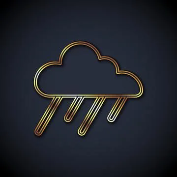 Gold line Cloud with rain icon isolated on black background. Rain cloud 스톡 일러스트