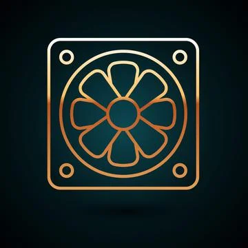 Gold line Computer cooler icon isolated on dark blue background. PC hardware fan Illustrazione stock