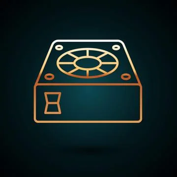 Gold line Computer cooler icon isolated on dark blue background. PC hardware fan 스톡 일러스트