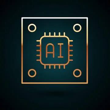 Gold line Computer processor with microcircuits CPU icon isolated on dark blue Stock Illustration