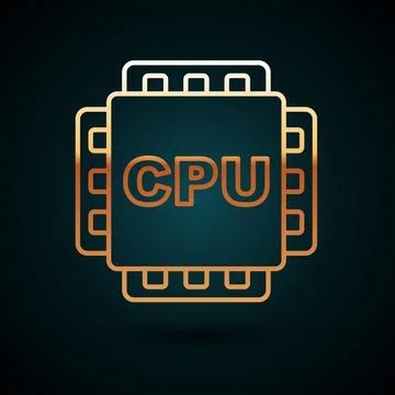 Gold line Computer processor with microcircuits CPU icon isolated on dark blue Illustrazione stock