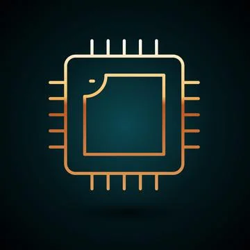 Gold line Computer processor with microcircuits CPU icon isolated on dark blue Illustrazione stock