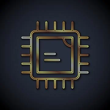 Gold line Computer processor with microcircuits CPU icon isolated on black Illustrazione stock