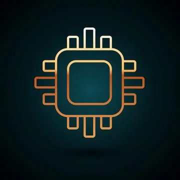 Gold line Computer processor with microcircuits CPU icon isolated on dark blue Stock Illustration