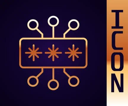 Gold line Cyber security icon isolated on black background. Closed padlock .. Illustrazione stock