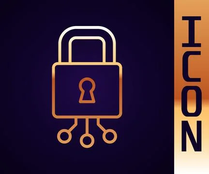 Gold line Cyber security icon isolated on black background. Closed padlock .. 库存插图