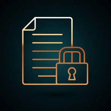 Gold line Document and lock icon isolated on dark blue background. File format Stock Illustration
