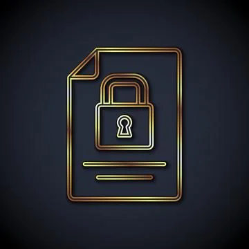 Gold line Document and lock icon isolated on black background. File format and Illustrazione stock