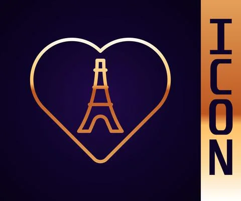 Gold line Eiffel tower with heart icon isolated on black background. France Stock Illustration