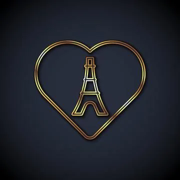 Gold line Eiffel tower with heart icon isolated on black background. France.. イラスト素材