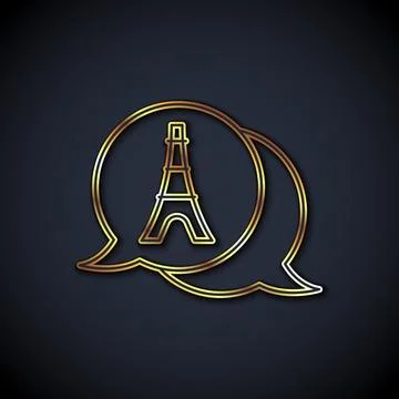 Gold line Eiffel tower icon isolated on black background. France Paris land.. Illustrazione stock