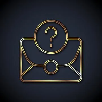Gold line Envelope with question mark icon isolated on black background. Letter Stock Illustration