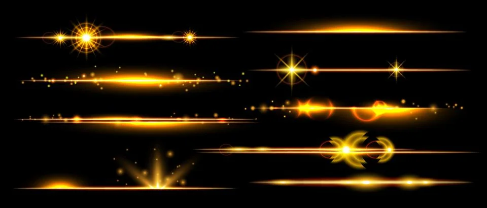 Gold line flare set, vector yellow lights, magic cosmic shiny glowing dust Stock Illustration