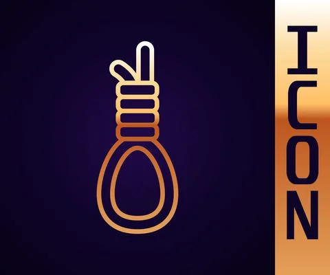 Gold line Gallows rope loop hanging icon isolated on black background. Rope tied Stock Illustration