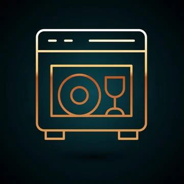 Gold line Kitchen dishwasher machine icon isolated on dark blue background Stock Illustration
