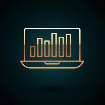 Gold line Laptop with graph chart icon isolated on dark blue background. Report Stock Illustration