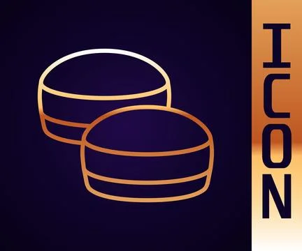 Gold line Macaron cookie icon isolated on black background. Macaroon sweet Stock Illustration