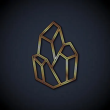 Gold line Magic stone icon isolated on black background. Fantasy crystal Illustrazione stock