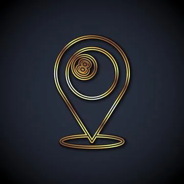 Gold line Map pointer with billiard pool snooker ball with number 8 icon Stock Illustration