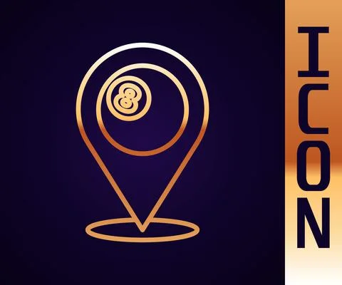 Gold line Map pointer with billiard pool snooker ball with number 8 icon イラスト素材