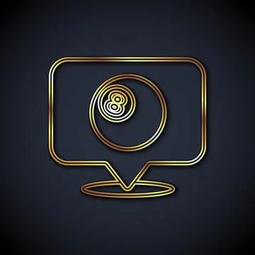 Gold line Map pointer with billiard pool snooker ball with number 8 icon Stock Illustration