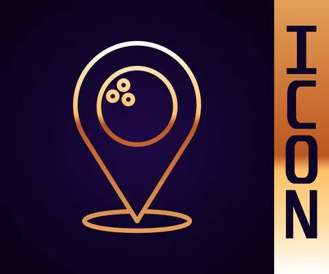 Gold line Map pointer with bowling ball icon isolated on black background. Sport Stock Illustration