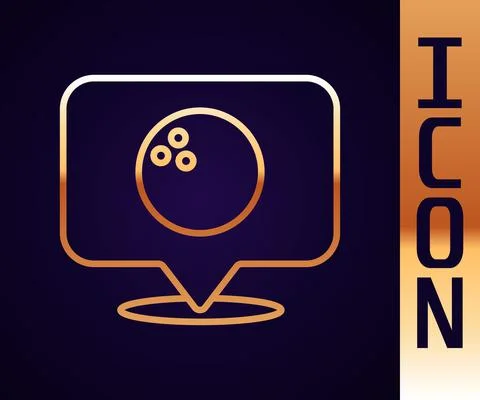Gold line Map pointer with bowling ball icon isolated on black background. Sport Stock Illustration