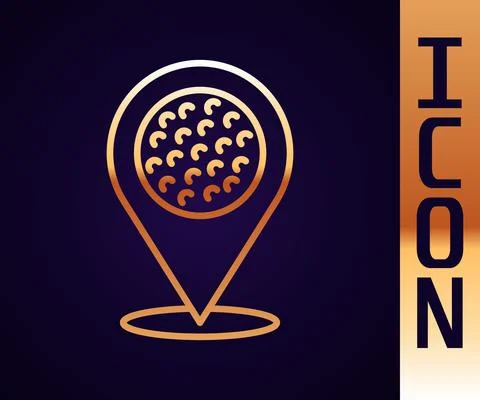 Gold line Map pointer with golf sport club icon isolated on black background Stock Illustration