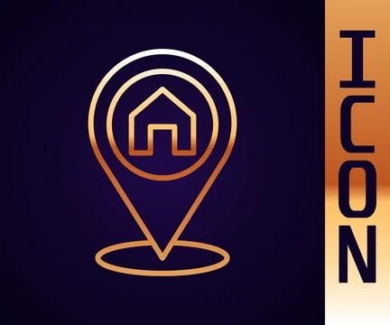 Gold line Map pointer with house icon isolated on black background. Home Stock Illustration