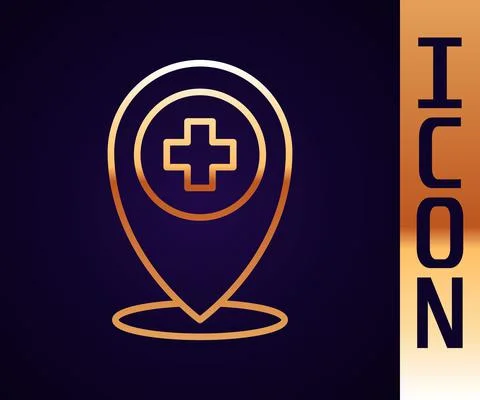 Gold line Medical map pointer with cross hospital icon isolated on black イラスト素材
