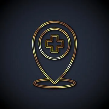 Gold line Medical map pointer with cross hospital icon isolated on black 스톡 일러스트