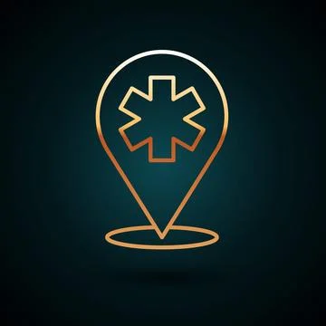 Gold line Medical map pointer with cross hospital icon isolated on dark blu.. 库存插图