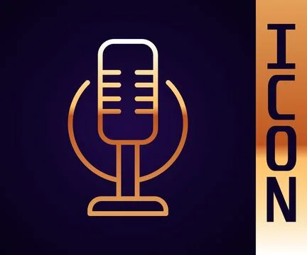 Gold line Microphone icon isolated on black background. On air radio mic mi.. Illustrazione stock