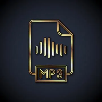 Gold line MP3 file document. Download mp3 button icon isolated on black backg Stock Illustration