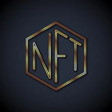Gold line NFT Digital crypto art icon isolated on black background. Non fun.. Stock Illustration
