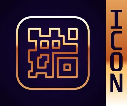 Gold line QR code sample for smartphone scanning icon isolated on black 库存插图