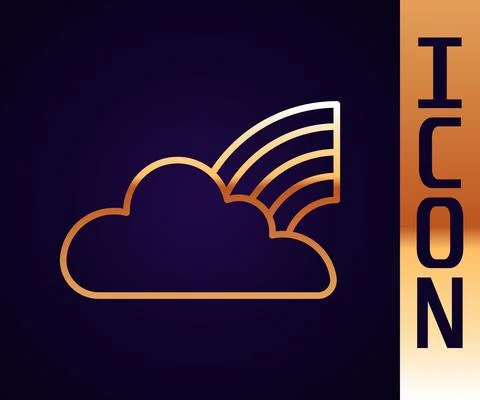 Gold line Rainbow with clouds icon isolated on black background. Vector Illustrazione stock