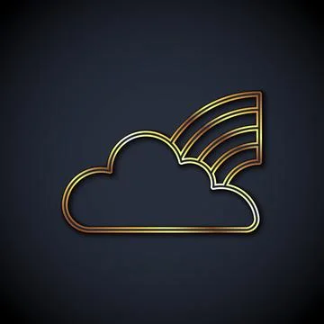 Gold line Rainbow with clouds icon isolated on black background. Vector Illustrazione stock