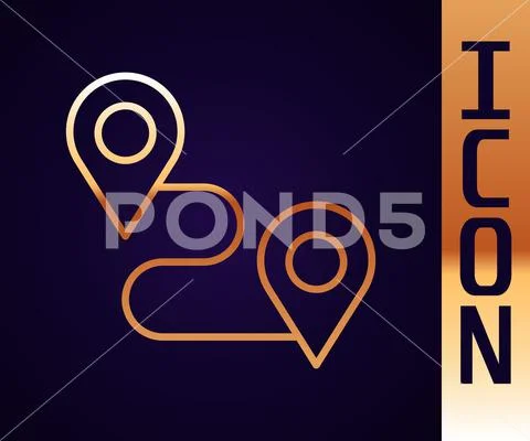 Gold line Route location icon isolated on black background. Map pointer ...