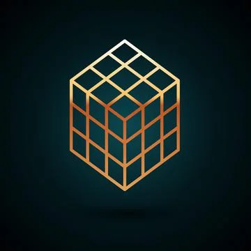 Gold line Rubik cube icon isolated on dark blue background. Mechanical puzzle Stock Illustration