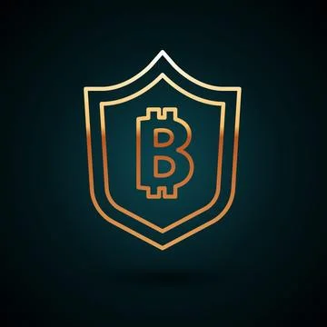 Gold line Shield with bitcoin icon isolated on dark blue background Stock Illustration