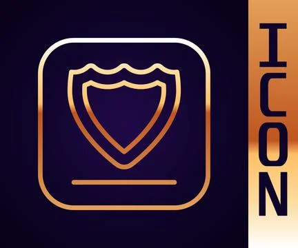 Gold line Shield icon isolated on black background. Guard sign. Security, saf Stock Illustration