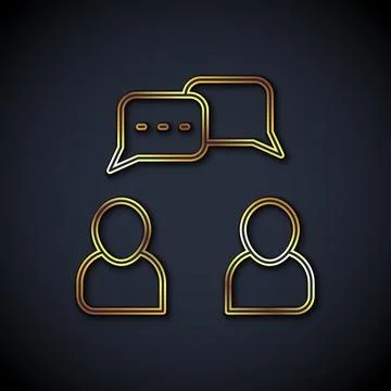Gold line Speech bubble chat icon isolated on black background. Message icon. Illustrazione stock