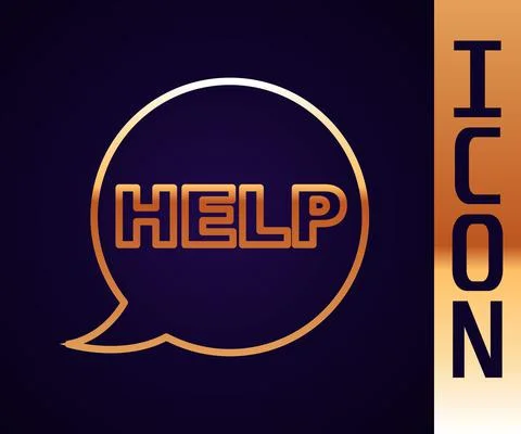 Gold line Speech bubble with text Help icon isolated on black background. Vector Illustrazione stock