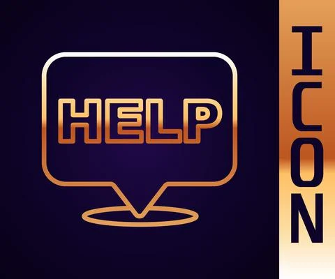 Gold line Speech bubble with text Help icon isolated on black background. Vector Illustrazione stock