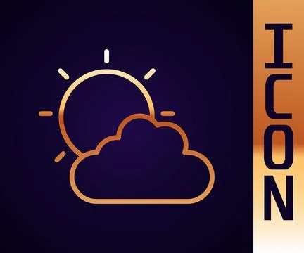 Gold line Sun and cloud weather icon isolated on black background.  Vector Stock Illustration